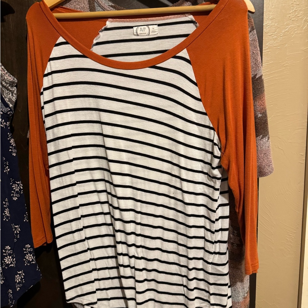 Striped Black and White Top with Orange Sleeves